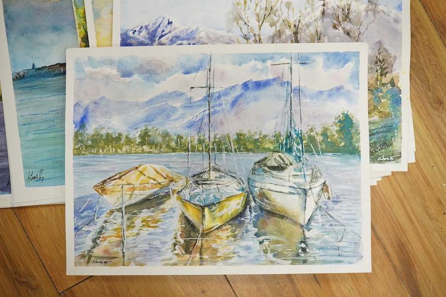 Baris Ali Kibar (Contemporary), eleven watercolours on card, Landscapes to include London views, Coastal scenes and an alpine landscape, some signed and dated, largest 30 x 40cm, unframed. Condition - fair